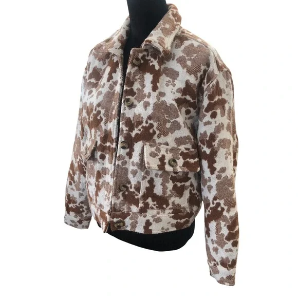 Sonoma Goods for Life Cropped Brown Cow Print Jacquard Bomber Jacket Sz M - Picture 5 of 16
